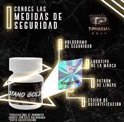Código de autenticación y logotipo T Pharma Gold